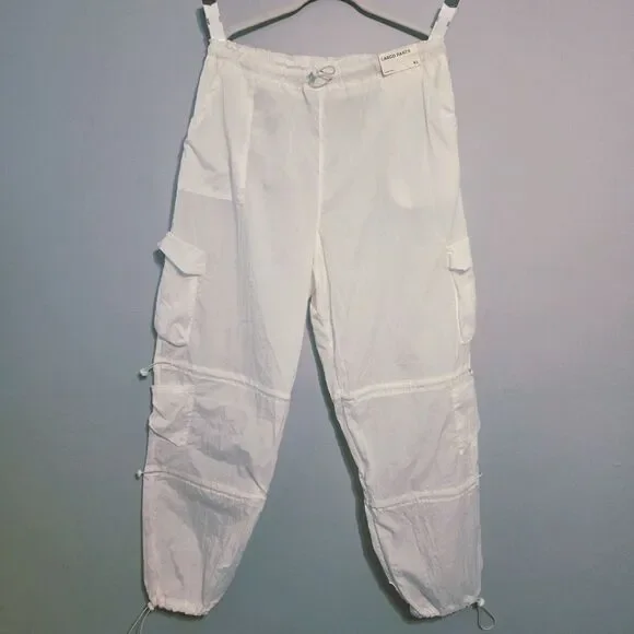 New Faded Rose Nylon Cargo Pants Parachute Style Women's Size XL Cordlock White - Picture 2 of 11